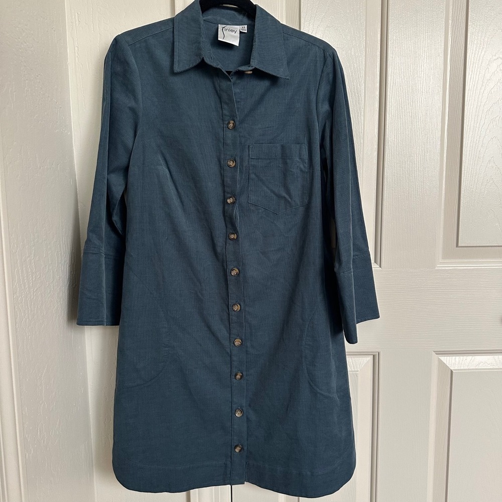 Finley Corduroy Button-Down Shirt‎ Dress Tunic Blue XS Made in USA